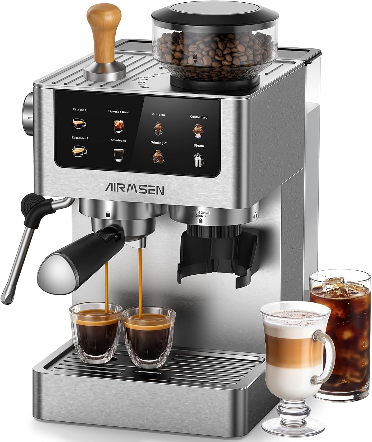 AIRMSEN Espresso Machine with Burr Grinder - Silver