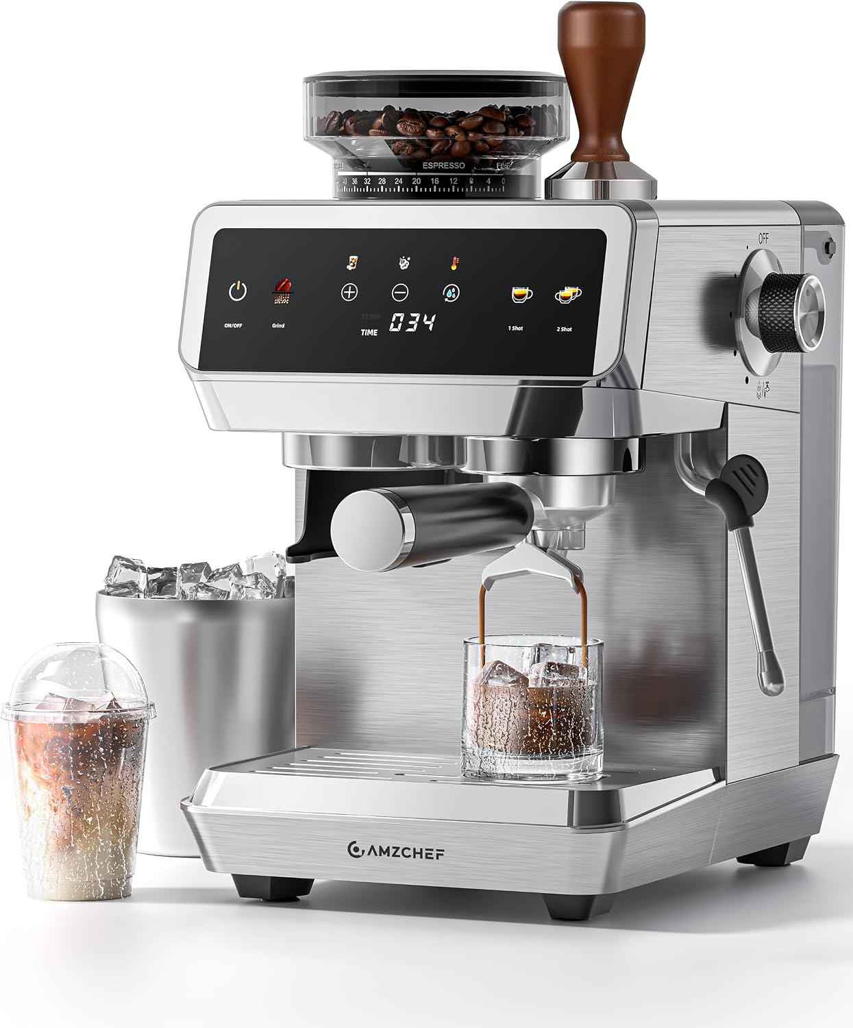 AMZCHEF Espresso Machine With Grinder - Silver